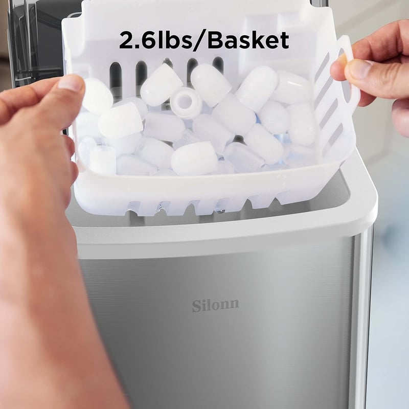 Silonn Jégkockakészítő Gép - 9 Kocka 6 Perc Alatt, 12kg/24 Óra, Öntisztító Funkció, 2 Méretű Jégkocka, Rozsdamentes Acél, Konyhai-Irodai Has