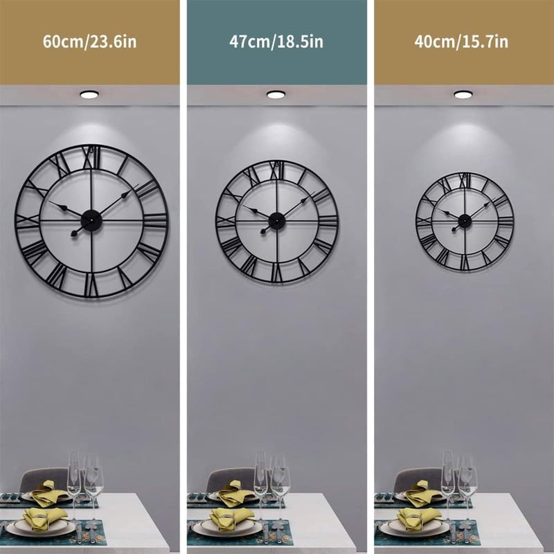 HAITANG Nagyméretű Vintage Fém Falióra - Fekete, Hangtalan, Római Számokkal, 60 cm - Elegáns Dekoráció Nappaliba, Hálószobába, Konyháb