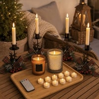 Set Colț Decorativ cu Lumânări: 2 lumânări parfumate + 4 suporturi + 12 LED-uri + tavă lemn 1