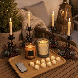 Set Colț Decorativ cu Lumânări: 2 lumânări parfumate + 4 suporturi + 12 LED-uri + tavă lemn