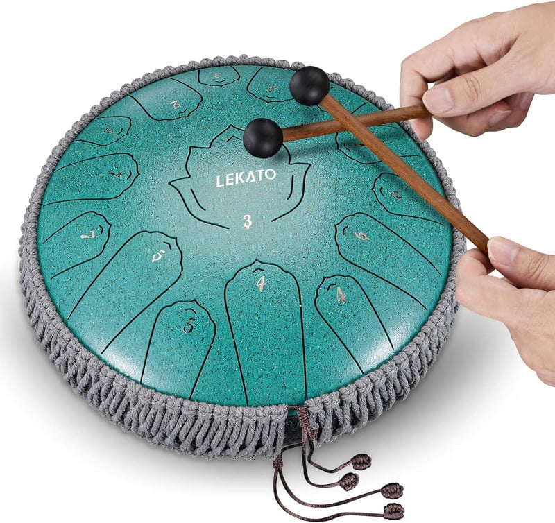 LEKATO Tongue Drum C-dúr 33 cm 15 Hangú Acél Handpan Dob - Meditációs Hangszer Kezdőknek, Malachit Zöld Ütőkkel és Dalkönyvvel