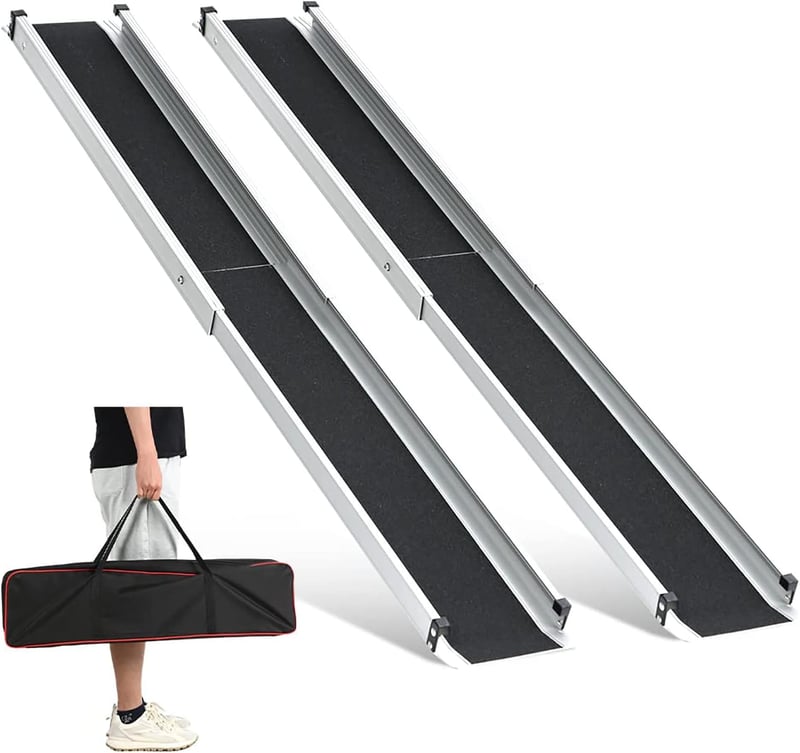 gardhom Teleszkópos Kerekesszék Rámpa 74,5-122 cm - Állítható Alumínium Csúszásgátló Felülettel, 272 kg Teherbírással Lépcsőkhöz, Tárolótásk