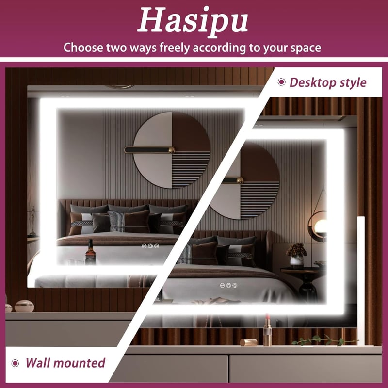 Hasipu LED Sminktükör Világítással, 55x45 cm, 10x Nagyítással, USB Töltőporttal, 3 Színhőmérséklettel, Érintésvezérléssel, Alumínium Keret, 