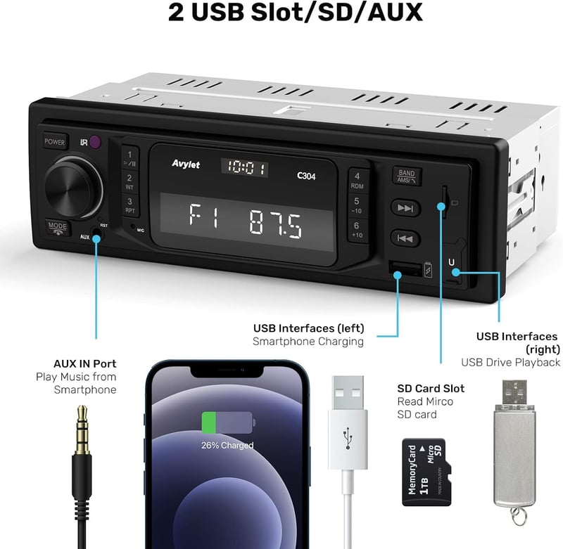 Avylet 1 DIN autórádió Bluetooth 5.0, RDS, 7 színű, 2 USB, MP3