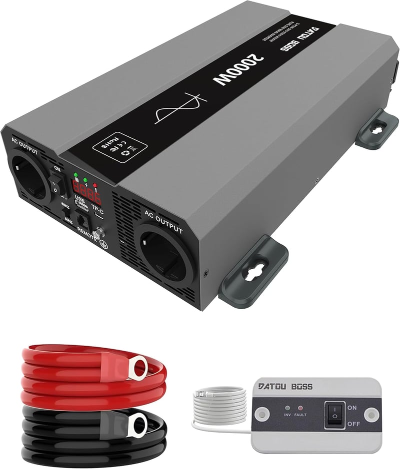 DATOUBOSS 2000W Tiszta Szinusz Inverter 24V-230V - LCD Kijelzős Feszültségátalakító USB Csatlakozással Lakóautóhoz, Kempingezéshez, Napeleme