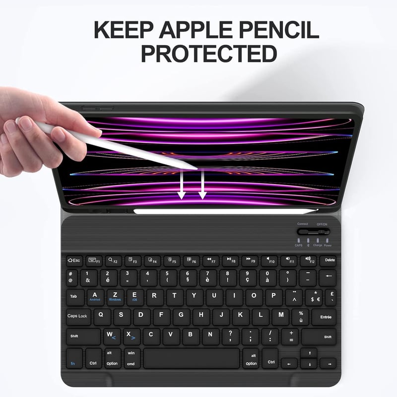 SENGBIRCH Bluetooth Billentyűzet iPad Air 5/4 és iPad Pro 11 Tablethez - Levehető, Védőtokkal, Francia Kiosztással, Pencil Tartóval, Fekete