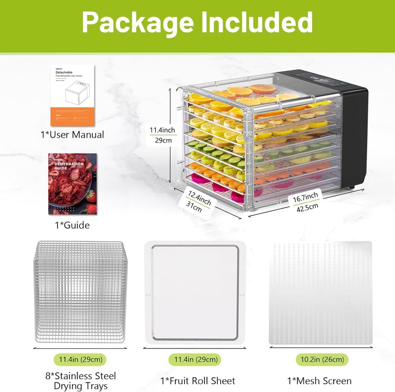 Reemix Aszaló 8 Szintes, 600W Teljesítményű, LED Kijelzős Gyümölcsszárító 30-75°C Hőmérséklet Szabályozással, 48 Órás Időzítővel, Mosogatógé