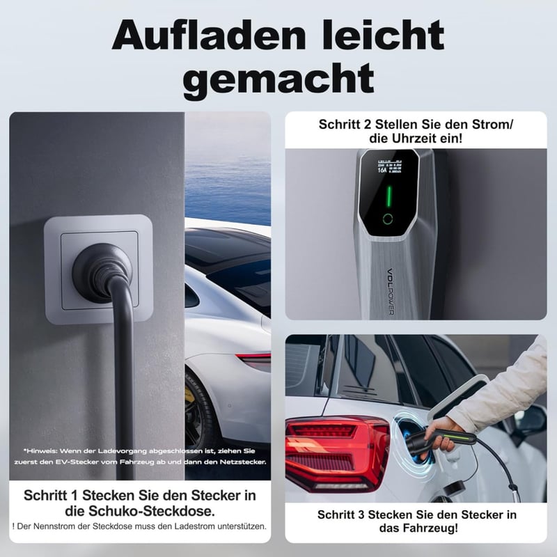 VDLPOWEREU Type 2 Elektromos Autó Töltőkábel 3,6 kW, 5m, LED Kijelzővel, 6A-16A Állítható, Hordozható, IP65 Vízálló, EU Schuko Csatlakozó