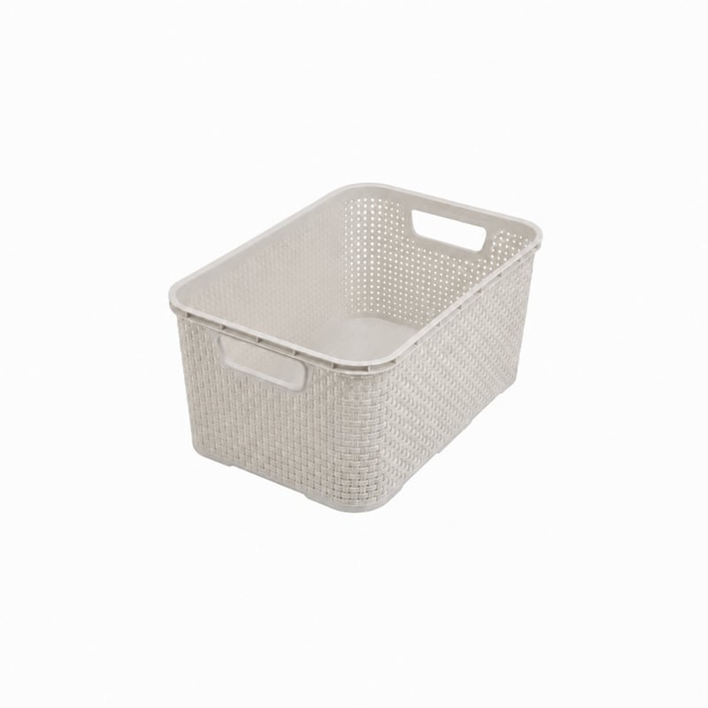 Coș de depozitare din plastic BranQ Home Essential cu model de ratan împletit, mărimea L, 19 litri, culoarea crem, 1 bucată
