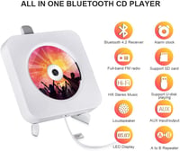 Qoosea Hordozható CD Lejátszó Bluetooth HiFi Hangszóróval - Falra Szerelhető Zenelejátszó FM Rádióval, Távirányítóval és MP3 Csatlakozóval 2