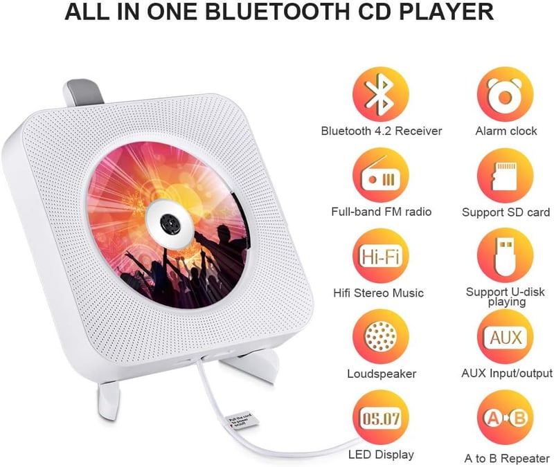 Qoosea Hordozható CD Lejátszó Bluetooth HiFi Hangszóróval - Falra Szerelhető Zenelejátszó FM Rádióval, Távirányítóval és MP3 Csatlakozóval