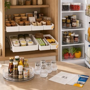 Organizator smočnice: 2x rotirajući pladanj + 6x posuda za začine + 3x organizator ladica + 2125x naljepnica