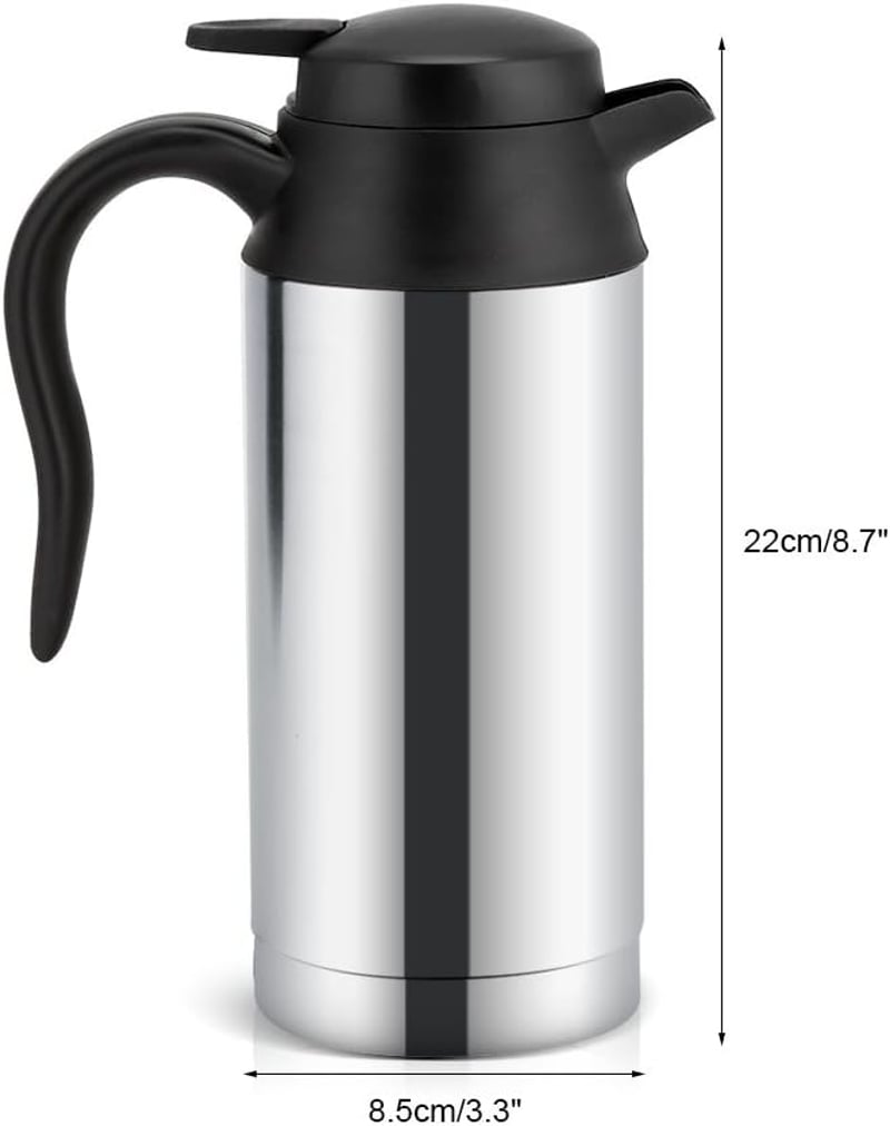 MAGT 12V 750ml Autós Vízforraló Bögre - Rozsdamentes Acél Utazó Termosz Kávéhoz, Teához - Automata Kikapcsolás, Jelzőfény, Ezüst