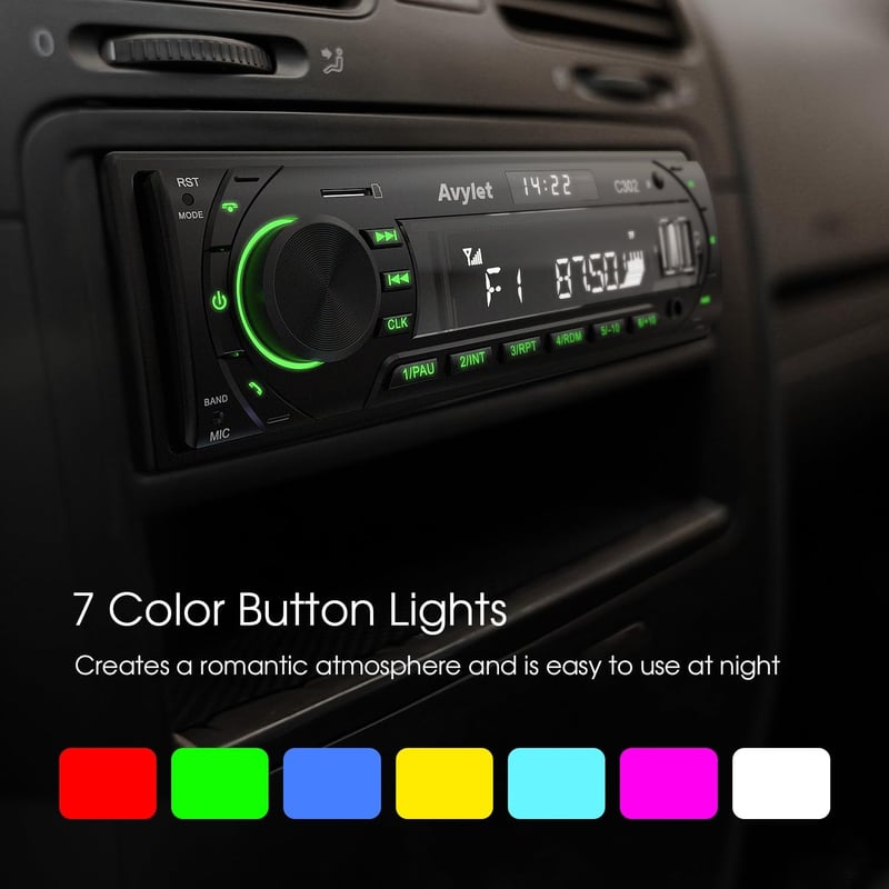 Avylet 1 DIN autórádió Bluetooth kihangosítóval, 7 színű FM/AM, 2 USB, AUX, SD