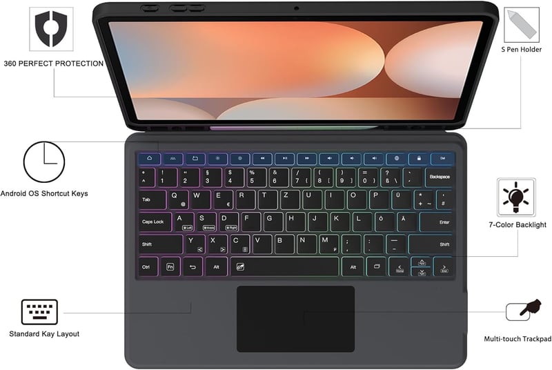 ROOFEI Bluetooth Billentyűzetes Tok Samsung Galaxy Tab S9 FE+/S9+/S10+ 12,4" Tablethez - Levehető RGB Háttérvilágítású QWERTZ Billentyűzet T