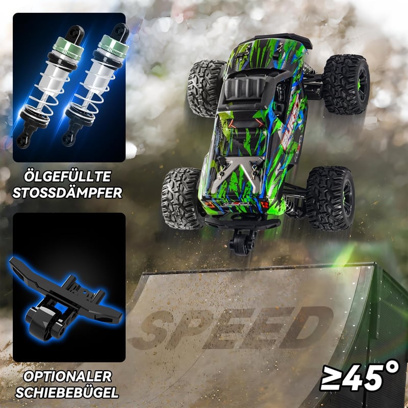 RC Távirányítós Autó 1:14 Méretarány, 75+ km/h Sebesség, 4WD Terepjáró, 2 Akkumulátor, 7 LED Fény, 2.4GHz Összkerékhajtás, 8-