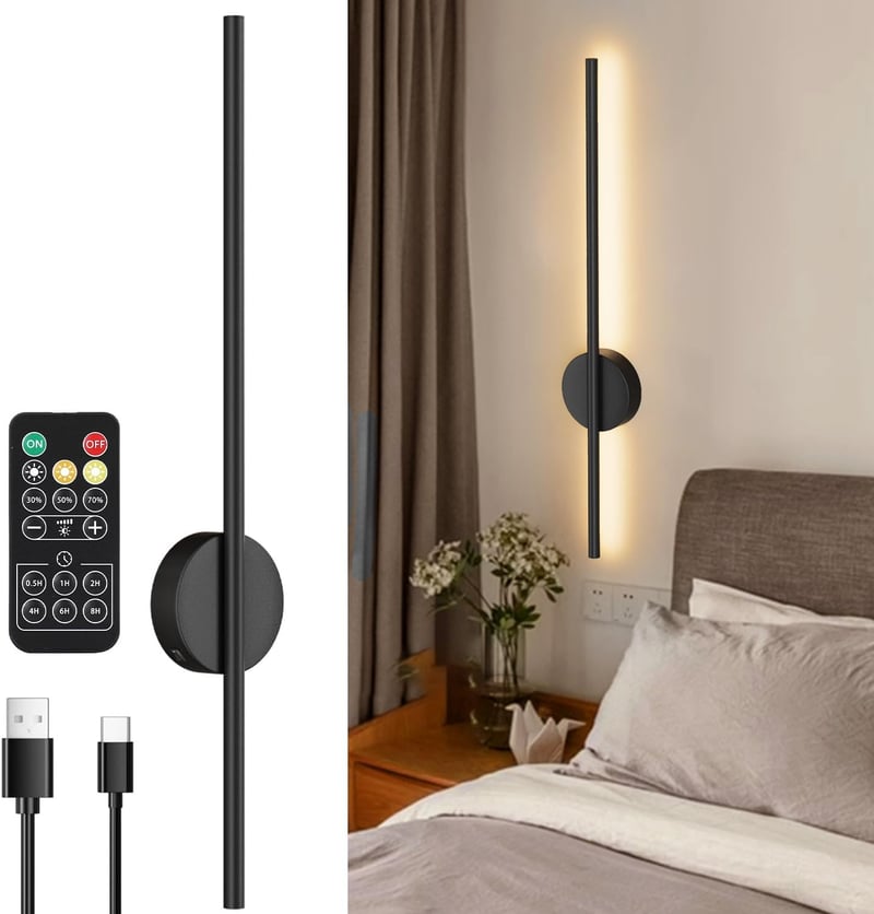 Aipsun Akkumulátoros Fali Lámpa 10000 mAh - 80 cm Távirányítós LED Világítás Időzítővel, Fényerőszabályzóval, Vezeték Nélküli Modern Fekete 