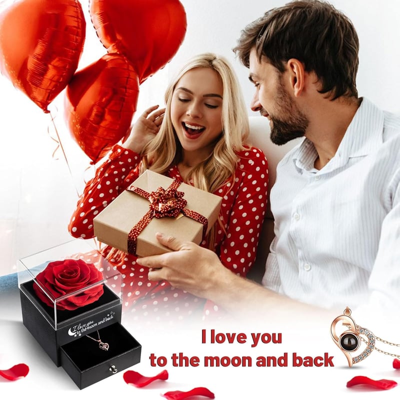 Örök Rózsa Ajándékszett - Valódi Rózsaszirom Holdformában "I Love You" Nyaklánccal, Szerelmi Ajándék Nőknek