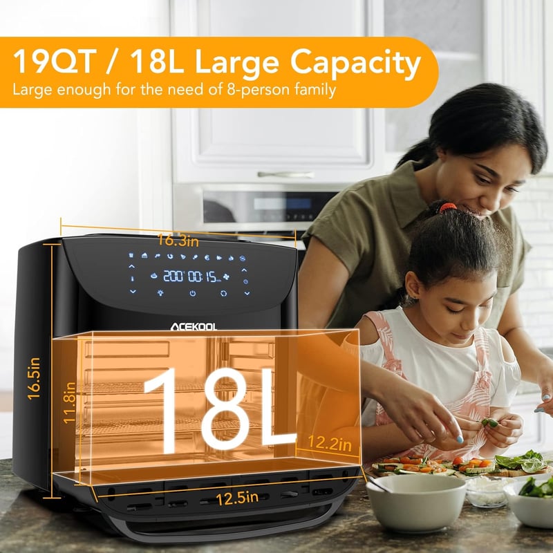 Acekool 18L XXL Forrólevegős Sütő, 1800W Olajmentes Fritőz, LED Érintőkijelzővel, Átlátszó Ablakkal, 7 Kiegészítővel, Időzítővel, Fekete