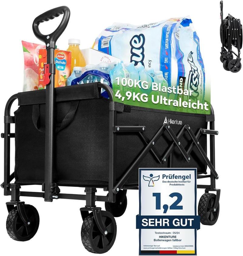 HIKENTURE Összecsukható Kézikocsi 65L - Strapabíró Strand és Kemping Szállító - Black