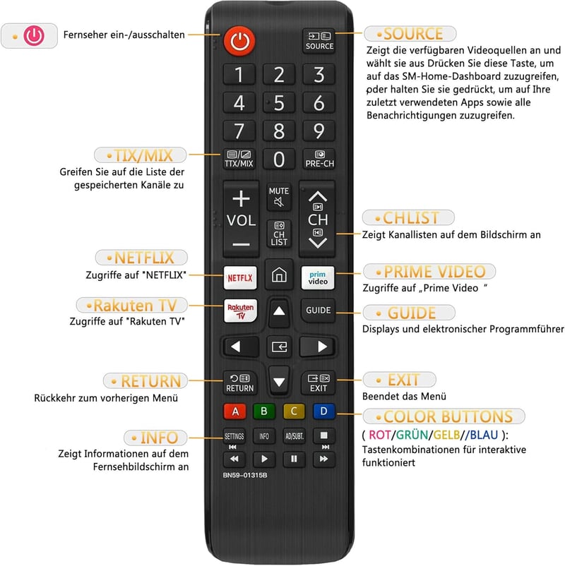FOXRMT BN59-01315B Univerzális Távirányító Samsung Smart TV-hez - 4K/QLED/UHD Kompatibilis, Programozás Nélküli Csere, Netflix Gyorsgombbal