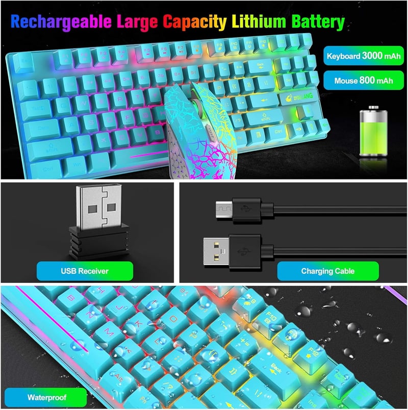 LexonElec Vezeték Nélküli Gamer Billentyűzet és Egér Szett - 87 Gombos, Szivárványos LED Háttérvilágítás, 3800mAh Akkumulátor, Mechanikus Ér