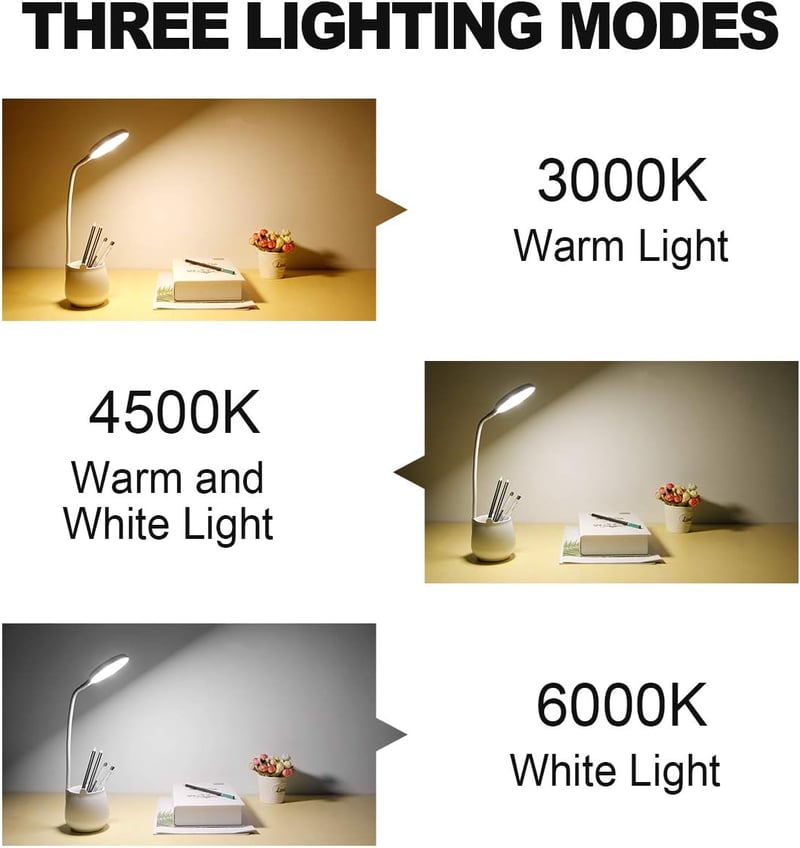 URAQT LED Asztali Lámpa Tolltartóval - Érintésvezérelt, Tölthető, Szemkímélő Olvasólámpa 3 Színhőmérséklettel, Állítható Fényerővel Tanulásh