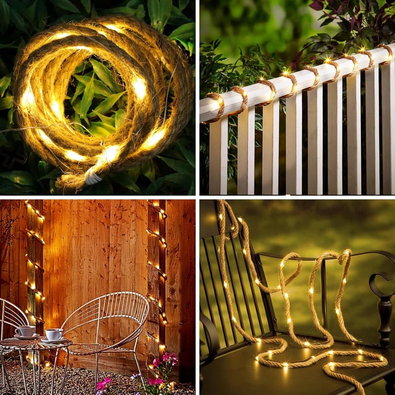 MEDOYOH 5m Napelemes Kender Kötél Fényfüzér 100 LED - 8 Világítási Mód, Fényerőszabályzás, Időzítő, IP67 Vízálló Kerti Dekoráció