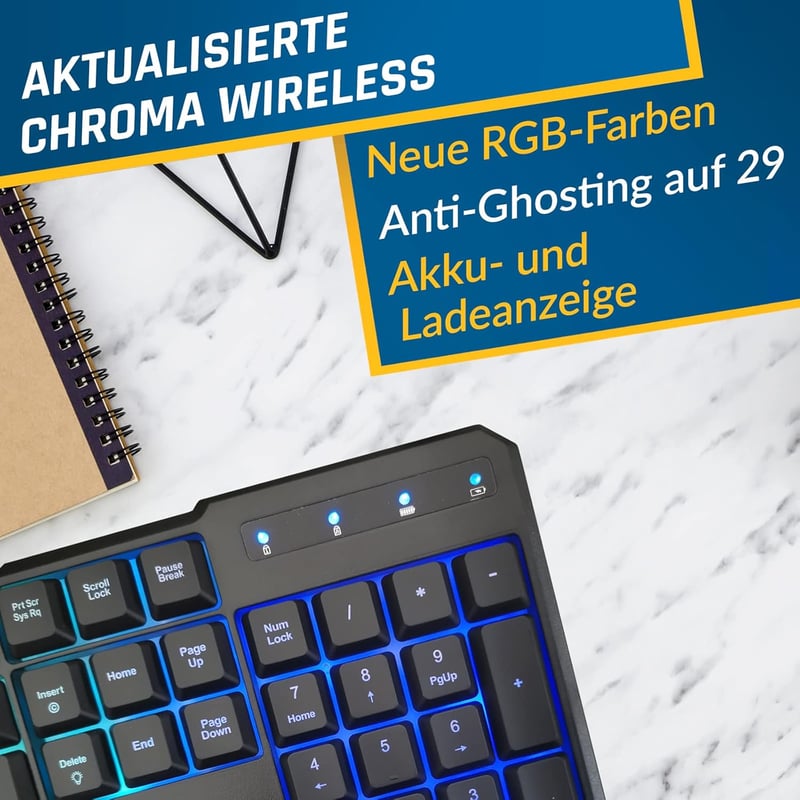 KLIM Blaze & Chroma Vezeték Nélküli Egér-Billentyűzet Szett - RGB Háttérvilágítás, Hosszú Élettartamú Akkumulátor, PC és Mac Kompatibilis, G