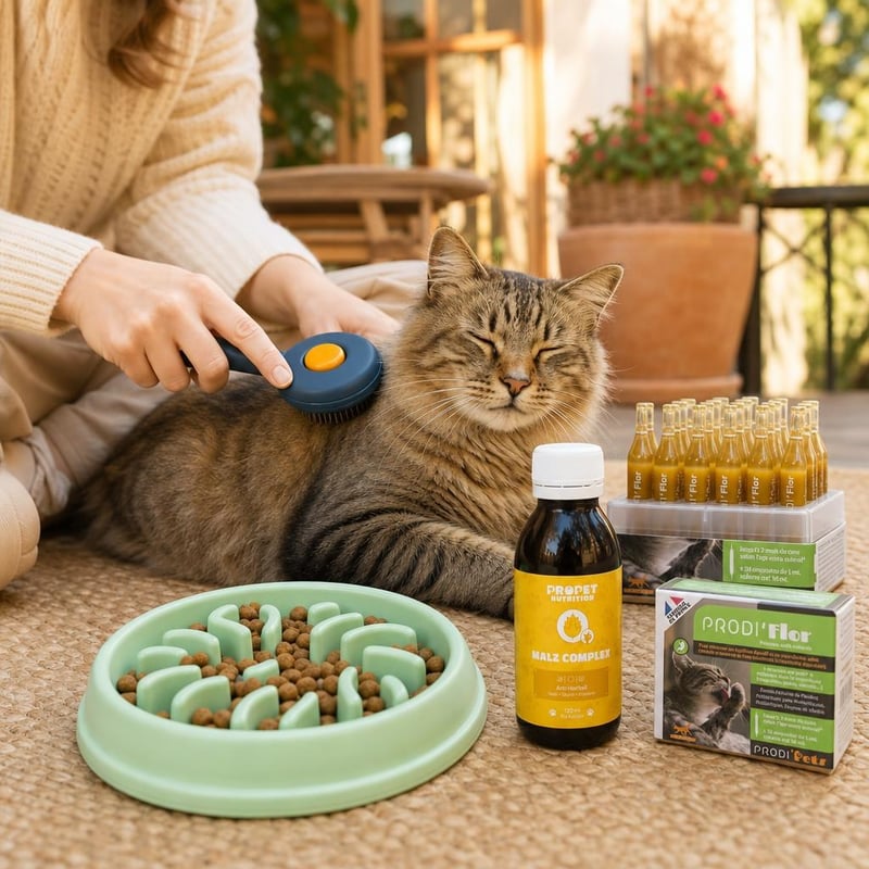 Anti-Hairball paket za mačke: pasta + četka + 30x probiotik + zdjelica
