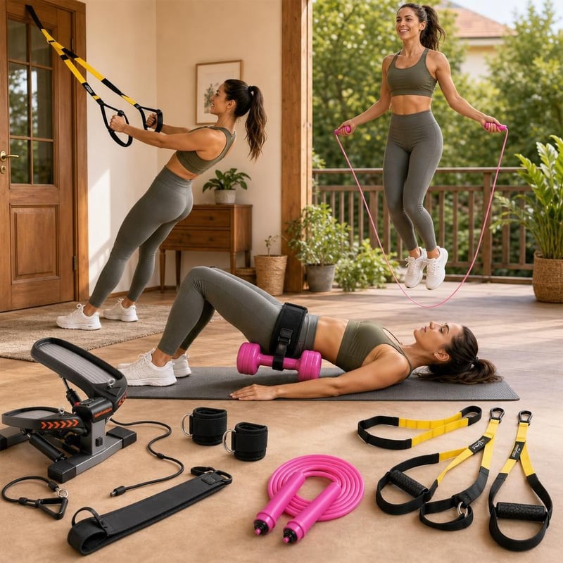 Pachet Crossfit: centură hip thrust + coardă sărit + chingi TRX + 2 benzi gleznă + mini stepper