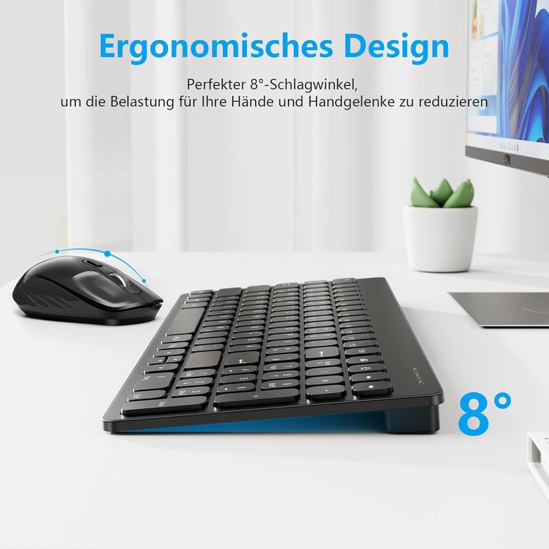 OMOTON vezeték nélküli billentyűzet és egér szett, Windows kompatibilis, QWERTZ, fekete