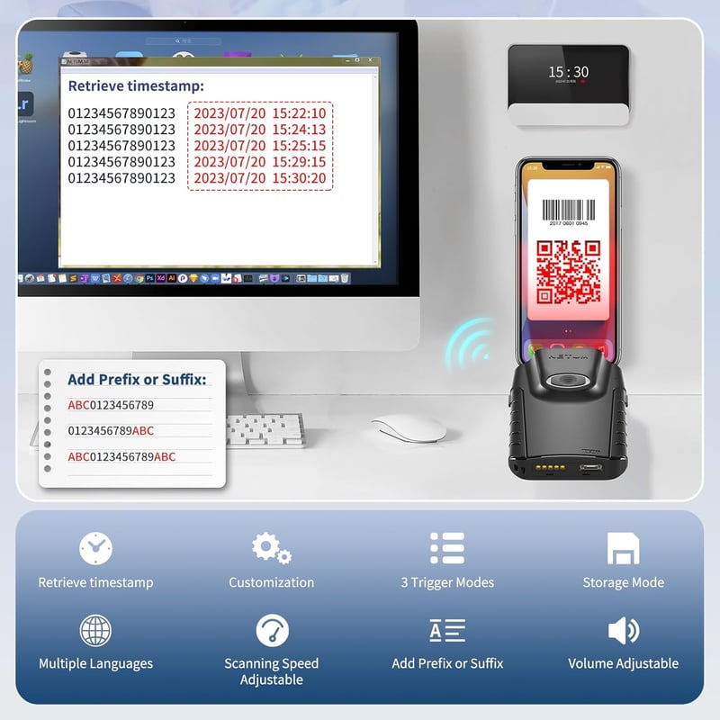 Netum 3in1 Bluetooth vonalkódolvasó - Vezeték nélküli QR és 2D szkenner iOS/Android/Windows eszközökhöz