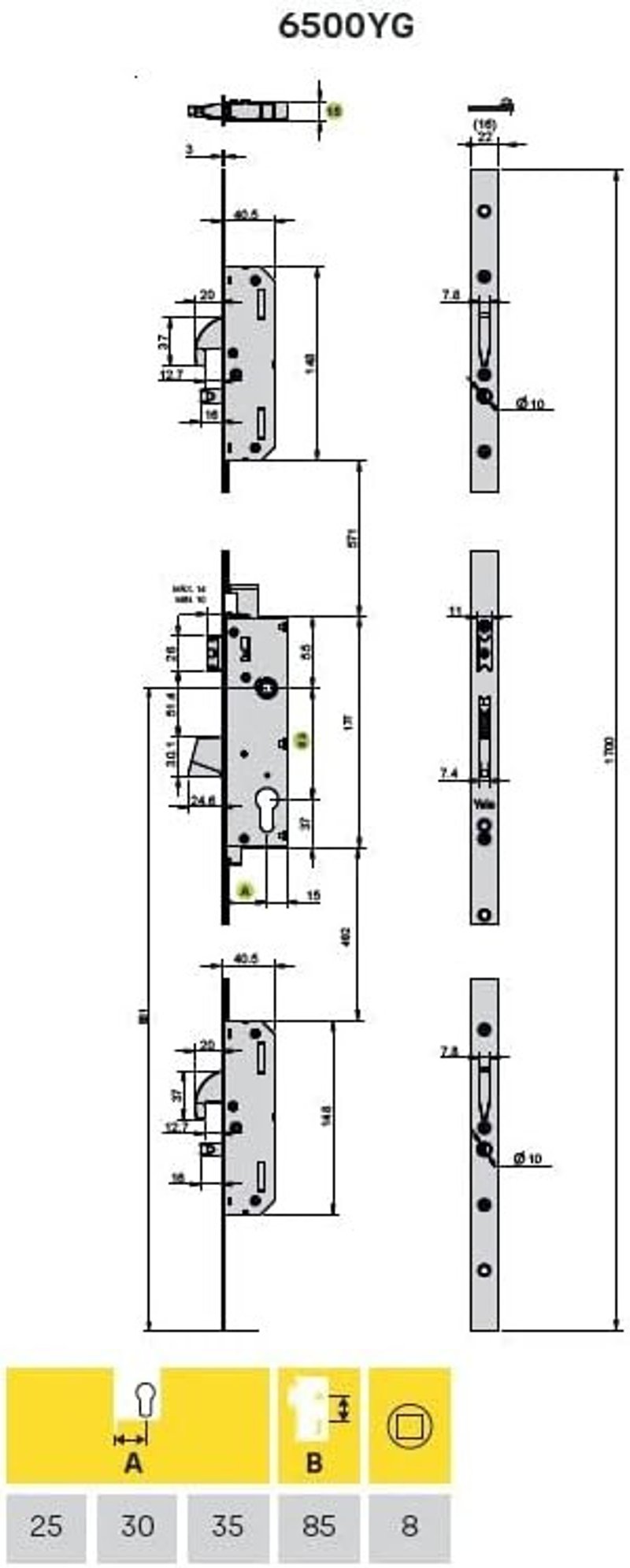 Yale 6500YGEC30INOX Keskeny Profilú Ajtózár - Rozsdamentes Acél, Háromponton Záródó, 30mm-es Entrada, Karos Kilinccsel, Modern Stílusú