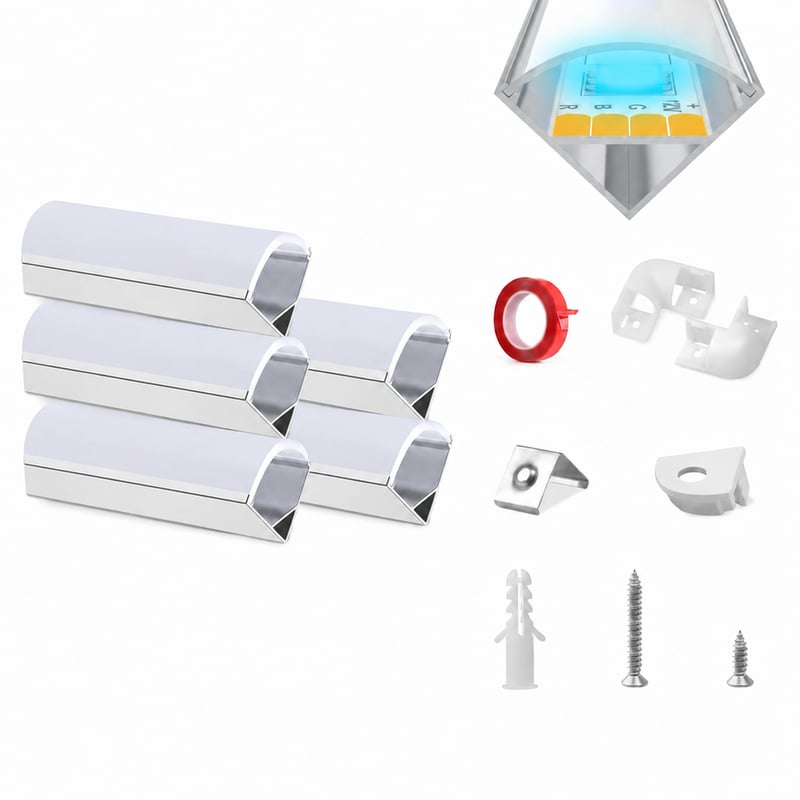 HOMMAND LED Alumínium Profil V-alakú sarokcsatorna, 10 db x 1 m, tejfehér diffúzorral, LED szalag csatornához, hiányos készlet