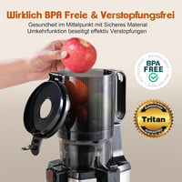 Fretta Slow Juicer 250W Gyümölcs- és Zöldségprés - Rozsdamentes Acél Hidegprés 135mm Széles Adagolónyílással, Visszaforgató Funkcióval, BPA- 4