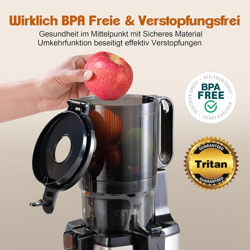Fretta Slow Juicer 250W Gyümölcs- és Zöldségprés - Rozsdamentes Acél Hidegprés 135mm Széles Adagolónyílással, Visszaforgató Funkcióval, BPA-