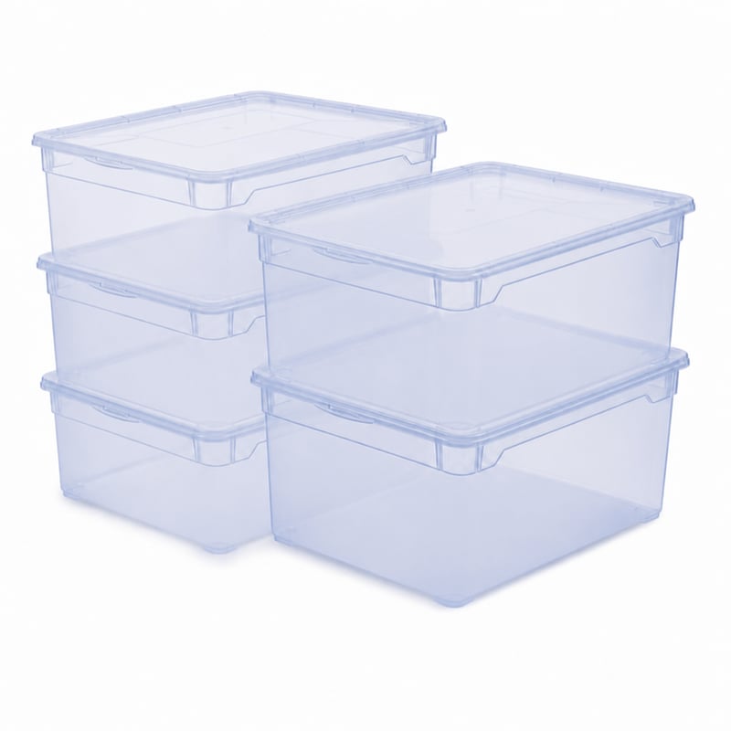 Priehľadný úložný box s vekom Rotho Clear, stohovateľný, modrý, 10 l, súprava 5 ks (neúplné balenie)