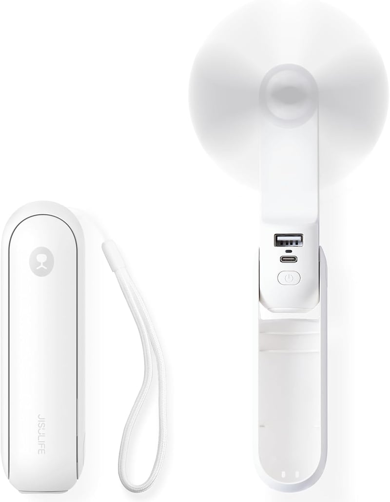 JISULIFE Összecsukható Kézi Ventilátor USB-s Töltéssel, Powerbank és LED Lámpa Funkcióval - Fehér