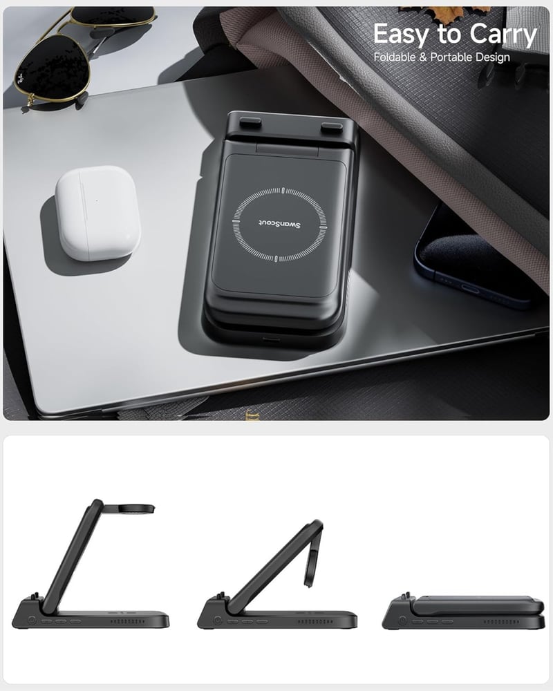 SwanScout 3az1-ben iPhone Apple Watch AirPods Pro vezeték nélküli töltőállomás fekete