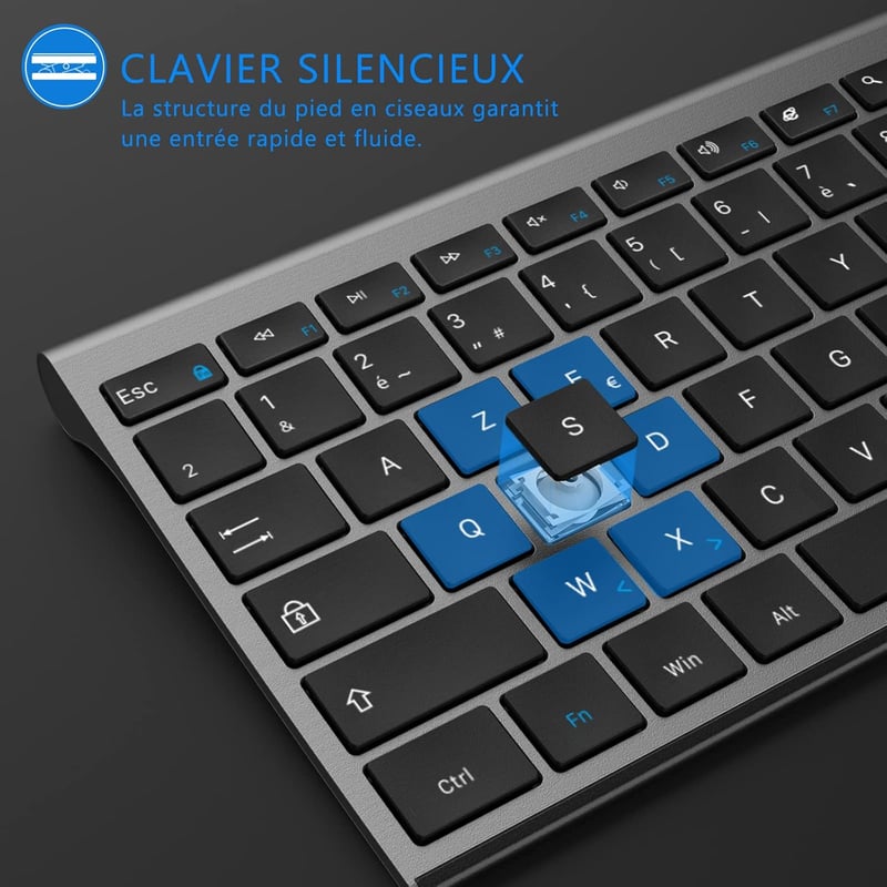 Vezeték nélküli AZERTY billentyűzet és egér szett Windows-hoz, USB vevővel, újratölthető