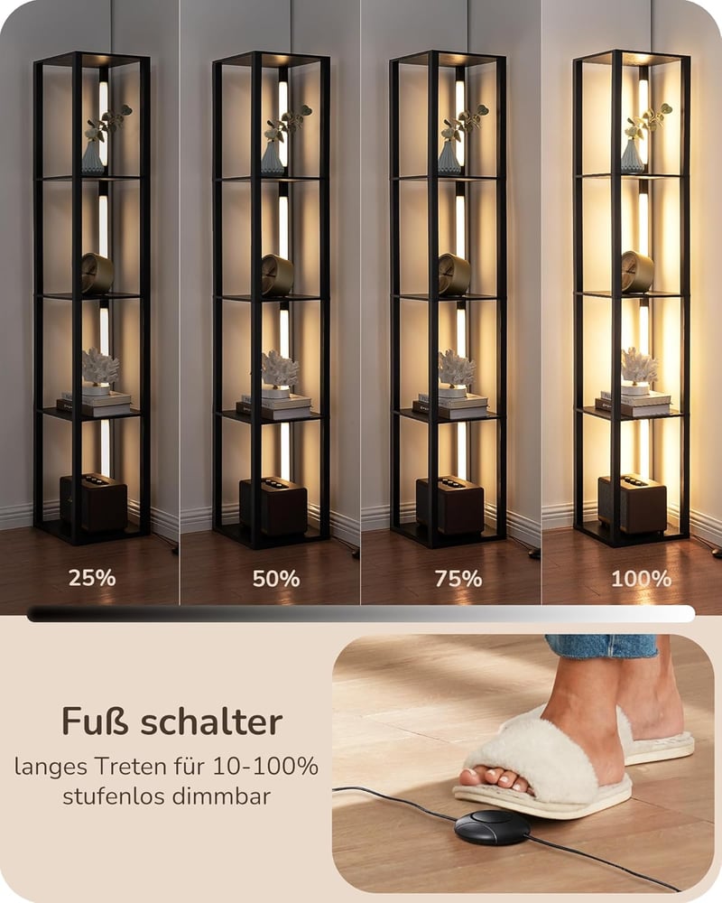EDISHINE Állólámpa Polcokkal - 3 Színhőmérsékletű Dimmelhető LED, 20W, 1530 Lumen, 163cm Sarokpolc 360° Forgatható Világítással, Lábkapcsoló