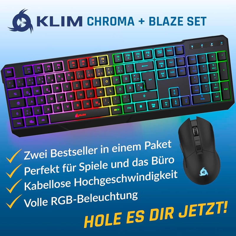KLIM Blaze & Chroma Vezeték Nélküli Egér-Billentyűzet Szett - RGB Háttérvilágítás, Hosszú Élettartamú Akkumulátor, PC és Mac Kompatibilis, G