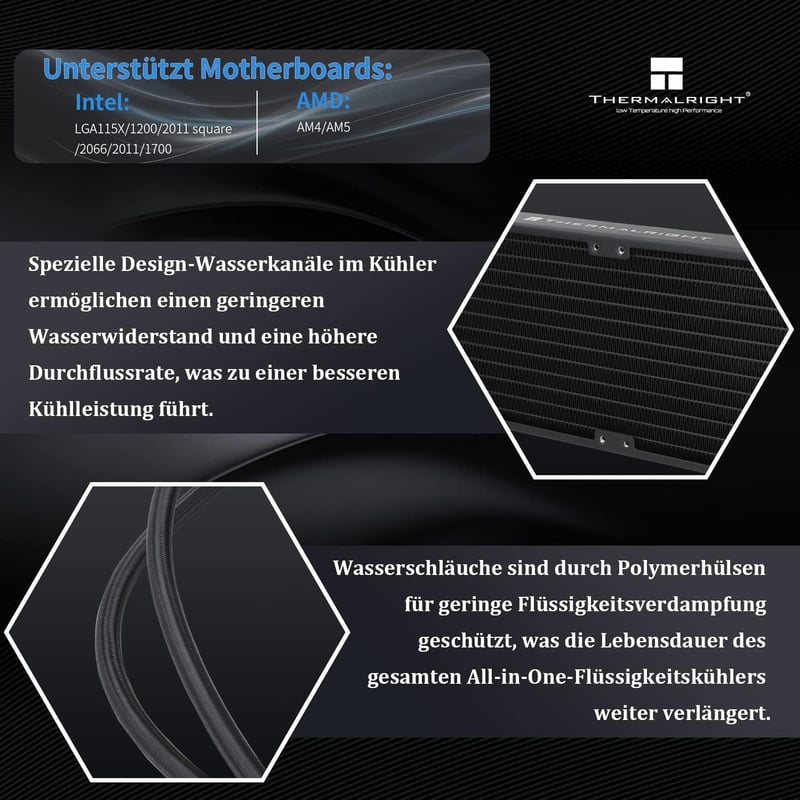 Thermalright Frozen Prism 360 Black ARGB Vízhűtéses CPU Hűtő, 120mm-es ARGB PWM Ventilátorral, AM4/AM5, Intel LGA1700/1851/1150/1151/1200/20