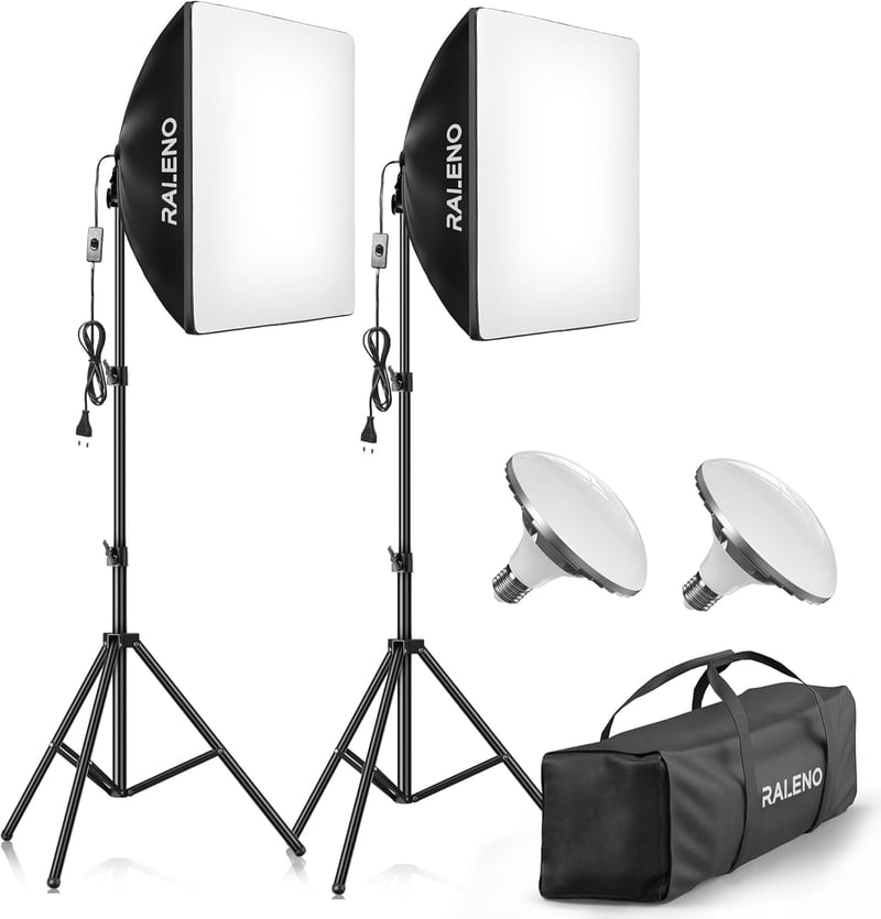 RaLeno Softbox Szett - 50x50cm Fotó Stúdió Világítás, 2db 50W LED Izzóval, 210° Forgatható, 200cm Állvánnyal, Hordtáskával - Fotózáshoz, Vid