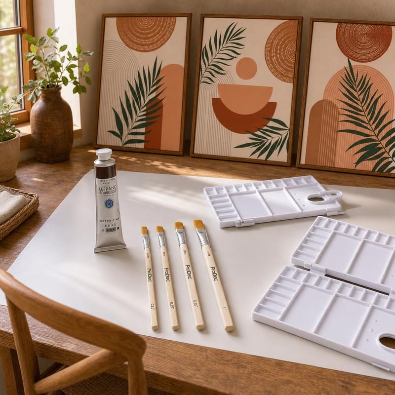Set za ulje na platnu: smeđa boja + 3 platna + 4 kista + 2 palete + podloga 70×50 cm