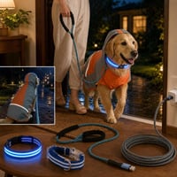 Esti kutyaséta-csomag: 3XL esőkabát + USB LED nyakörv, 3 mód + reflektív póráz + 9 m micro USB kábel 1