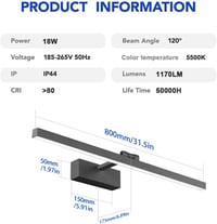 Klighten 80 cm LED Tükör Világítás 24W - Fekete Alumínium Fürdőszobai Lámpa 5500K Semleges Fehér Fénnyel, IP44 Védelemmel, 2450lm, Forgatható,  2