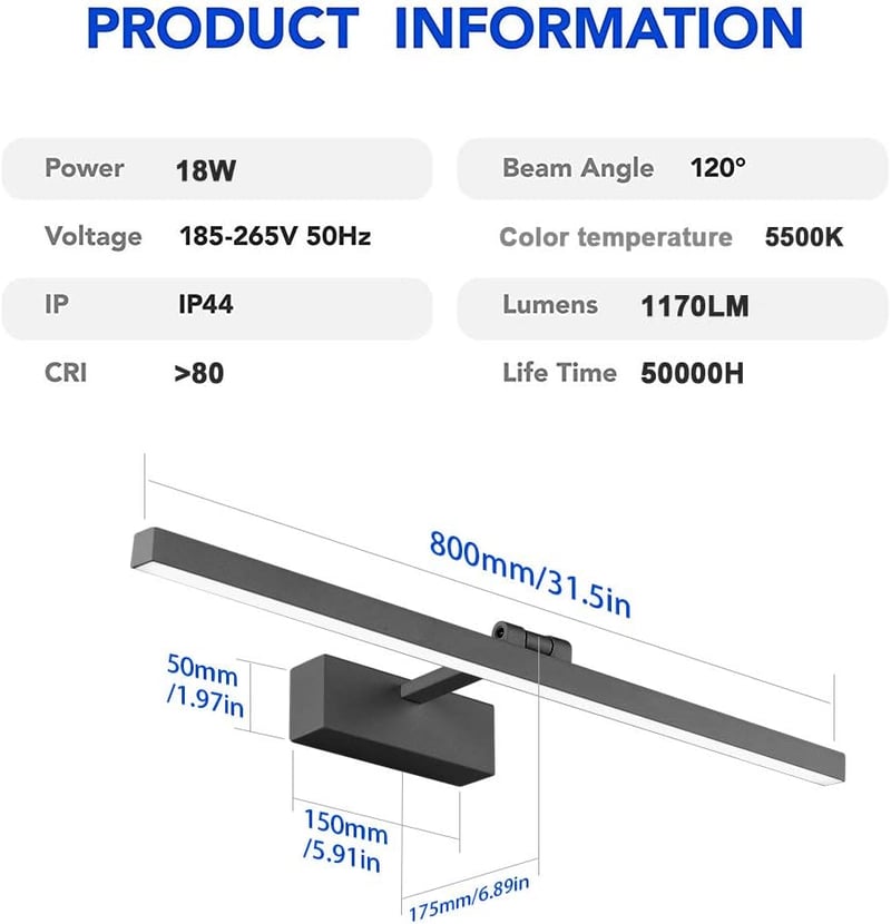 Klighten 80 cm LED Tükör Világítás 24W - Fekete Alumínium Fürdőszobai Lámpa 5500K Semleges Fehér Fénnyel, IP44 Védelemmel, 2450lm, Forgatható, 