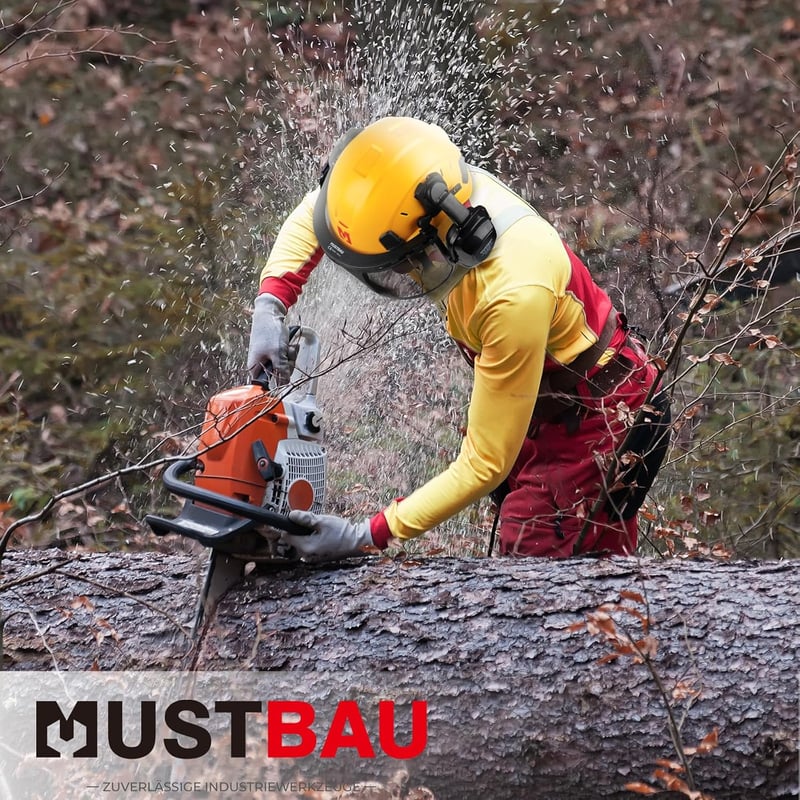 Mustbau Biztonsági Sisak Erdészeti Munkákhoz - Állítható Méretű (53-63 cm) Védősisak Hálós Arcvédővel és Fülvédővel - Sárga ABS Munkavédelmi